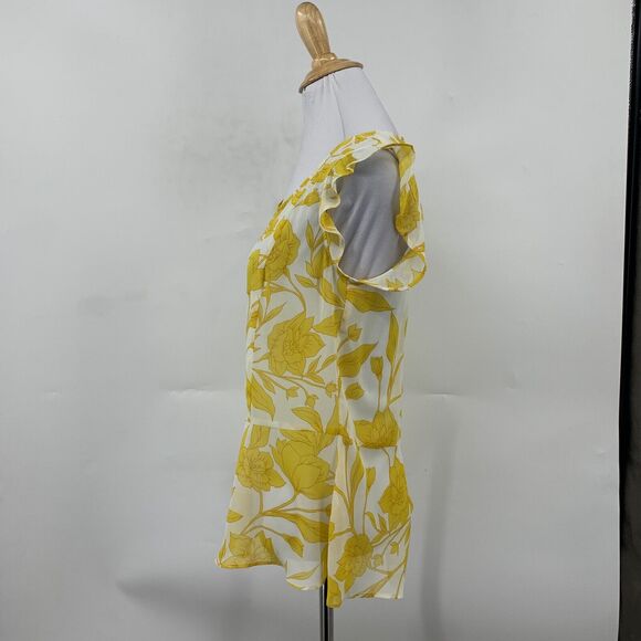 CAbi Blouse Womens XS Extra Small Yellow White Sunrise Floral Ruffle Cap Sleeves - Picture 5 of 11